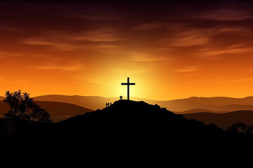Illustration of good friday background with cross silhouette on golden sunset sky. Generative AI