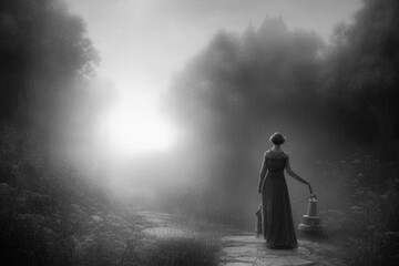 Photo of a middle-aged woman drawn in pencil. Texture
in a realistic photo. Painting, illustration. Generative AI.