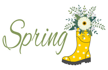 Cute bouquet in yellow rubber boots. Gardening boot with flowers. Spring Concept