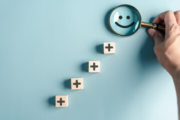 Select positive emotion icon, mental health assessment max positive. Thinking boost energy or fresh...
