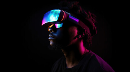 Portrait of African-American man wearing virtual reality headset. Vivid colors neon glowing HMD generative ai