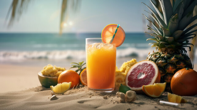 Cocktail de jus de fruits frais sans alcool présenté sur la sable avec plage et mer à l'arrière plan