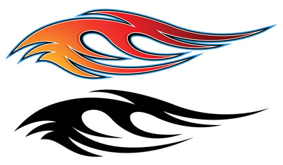 Fire flames racing car decal vector art graphic. Burning tire and flame sports car body side vinyl decal. Side speed decoration for cars, auto, truck, boat, suv, motorcycle.