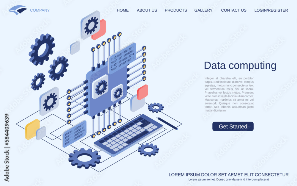 Poster data computing, information processing modern 3d isometric vector concept illustration. cartoon cpu 