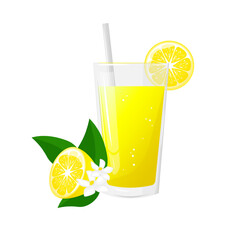 A glass of lemon juice, and a slice of lemon. Natural fresh squeezed juice. Healthy diet. The design concept of a web page,advertising,cafe,menu. Vector illustration
