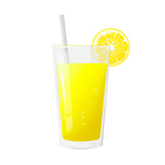 Fototapeta premium A glass of lemon juice, and a slice of lemon. Natural fresh squeezed juice. Healthy diet. The design concept of a web page,advertising,cafe,menu. Vector illustration