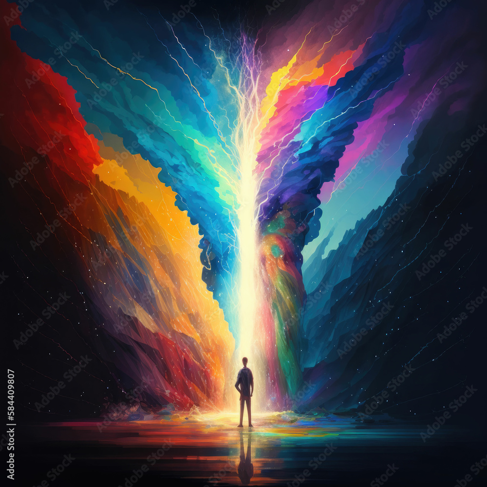Poster man standing in front of colorful sky with a pillar of light ,made with generative ai