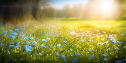 Fototapeta premium Blue tiny flowers on spring blooming meadow with flying butterflies. Banner of a fresh blooming forget-me-not in the sunshine. generative ai. Spring flower nature background