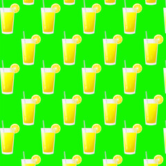 Seamless pattern a glass of lemon juice, and a slice of lemon. For posters, logos, labels, banners, stickers, product packaging design, etc. Vector illustration