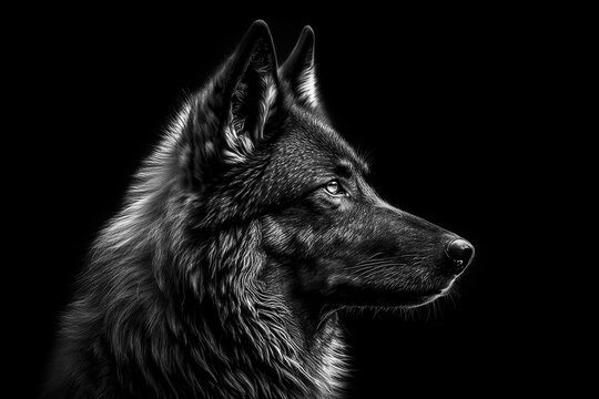 Portrait of a grey wolf with a black background.