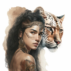 Portrait of young american indian apache girl with leopard, not a real person, made with Generative AI