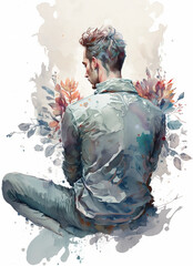 Man meditating in sitting pose illustration from behind with lotus flower esoteric yogi practice watercolor digital art generative ai