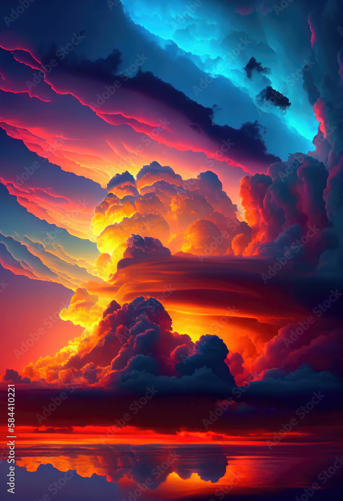 Poster mesmerizing intricate clouds at sunset ,made with generative ai