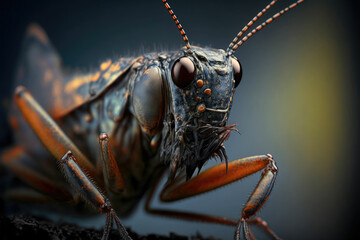 A close up macro of a grasshopper in the wild ,made with Generative AI