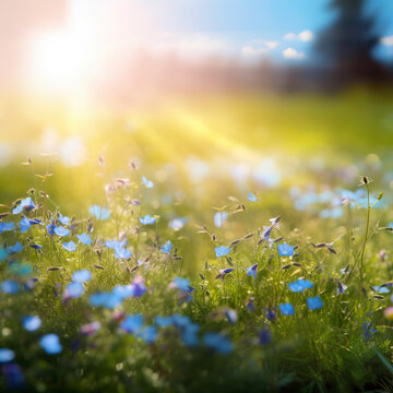 Blue tiny flowers on spring blooming meadow with flying butterflies. Banner of a fresh blooming forget-me-not in the sunshine. generative ai. Spring flower nature background