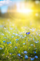 Blue tiny flowers on spring blooming meadow with flying butterflies. Banner of a fresh blooming forget-me-not in the sunshine. generative ai. Spring flower nature background