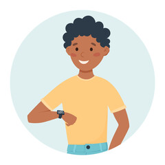 Boy looking at a fitness bracelet on his wrist. Using smart watch. Vector flat illustration of an African American man.
