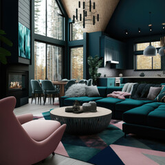 Modern living room with fireplace, forest chalet interior ,made with Generative AI