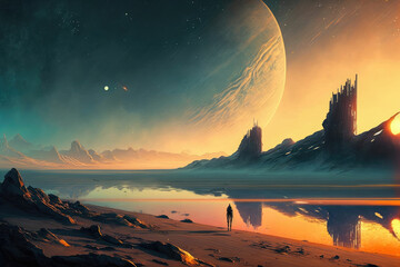 Lone adventurer discovering alien world with big moons ,made with Generative AI