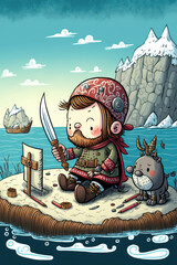 Plakat Shipwrecked pirate on and island, cartoon style ,made with Generative AI