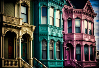 Close-up of colorful Victorian houses in contrasting tones; ideal image to showcase style of Victorian homes in San Francisco. Generative AI