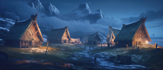 ai generative midjourney illustration of viking houses in a viking landscape in the dark - obrazy, fototapety, plakaty