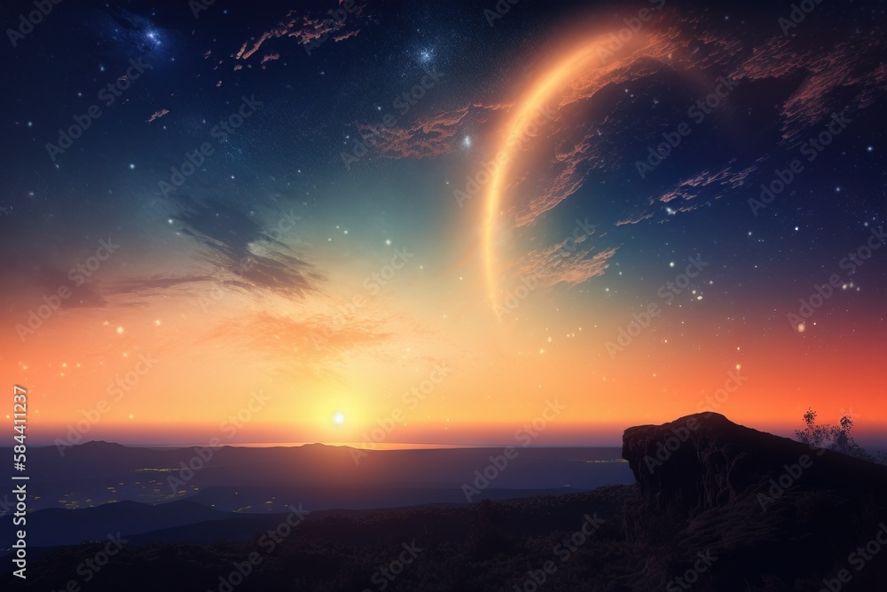 Aufkleber a sunset view of a distant object in the sky over a mountain. generative ai
