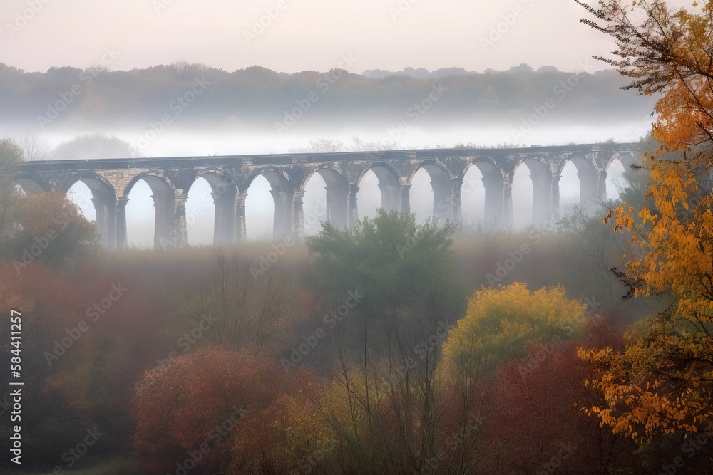 Poster a view of a bridge over a river in the fog