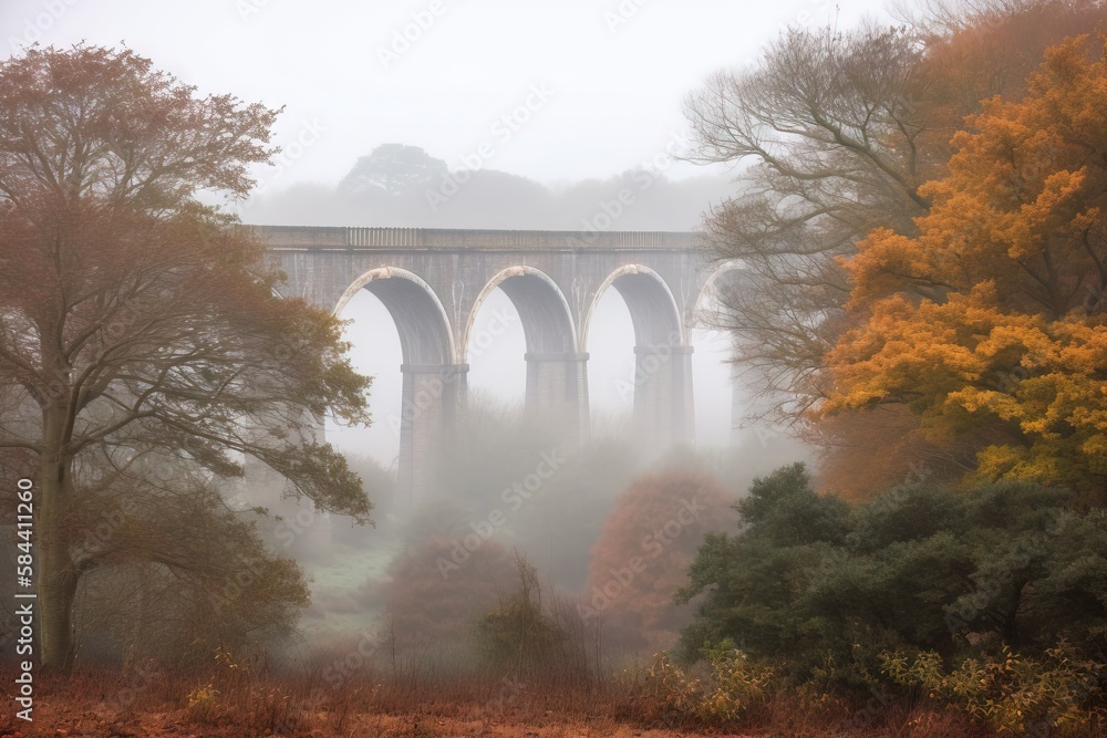 Poster a foggy day with a bridge in the distance and trees in the foreground. generative ai