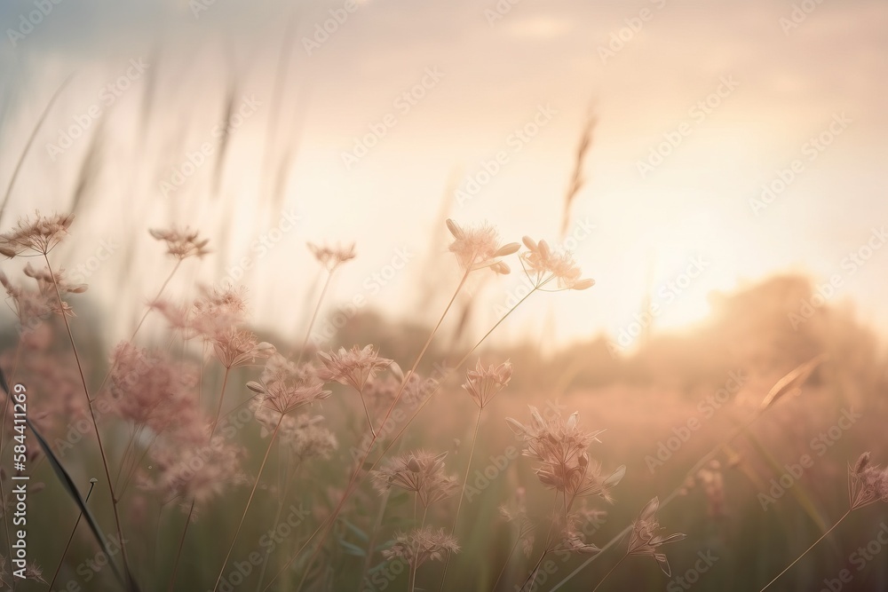 Poster a field of tall grass with the sun setting in the background
