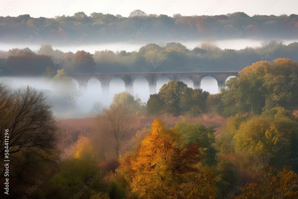 Poster a bridge over a river surrounded by trees in the fall. generative ai