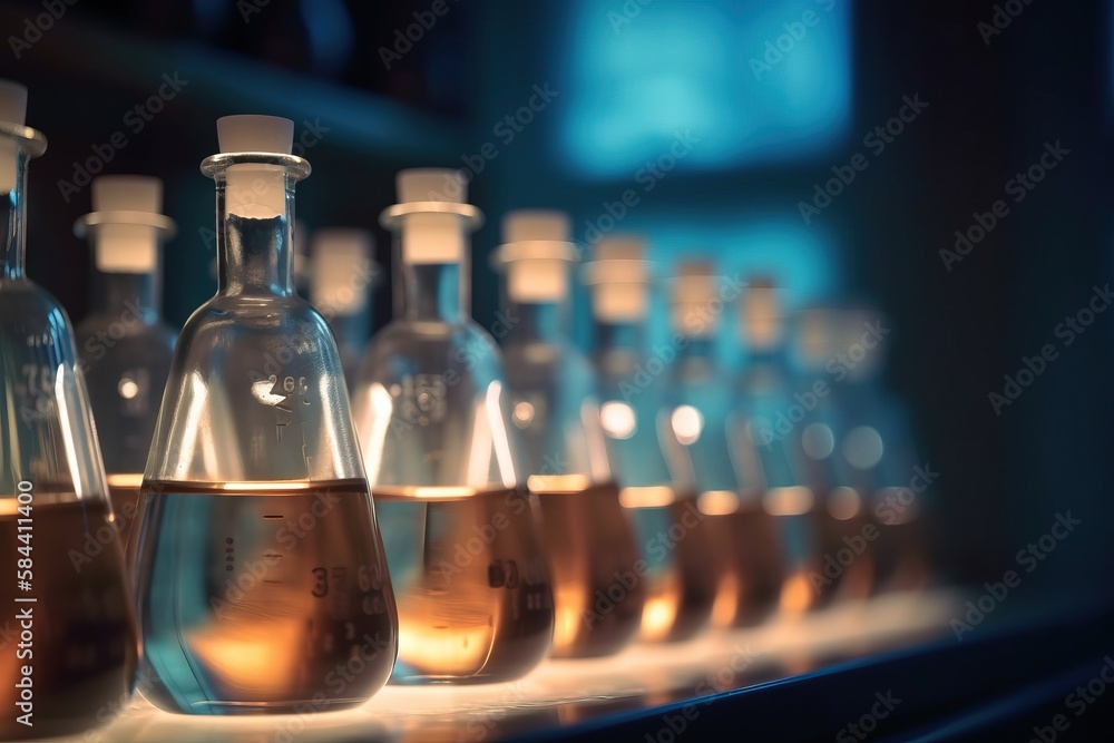 Aufkleber a row of bottles filled with liquid sitting on top of a counter. generative ai