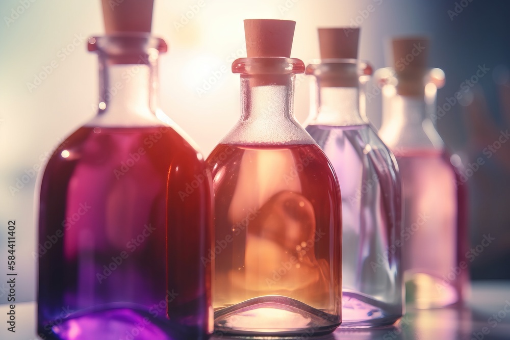 Poster a group of bottles filled with liquid sitting on top of a table. generative ai