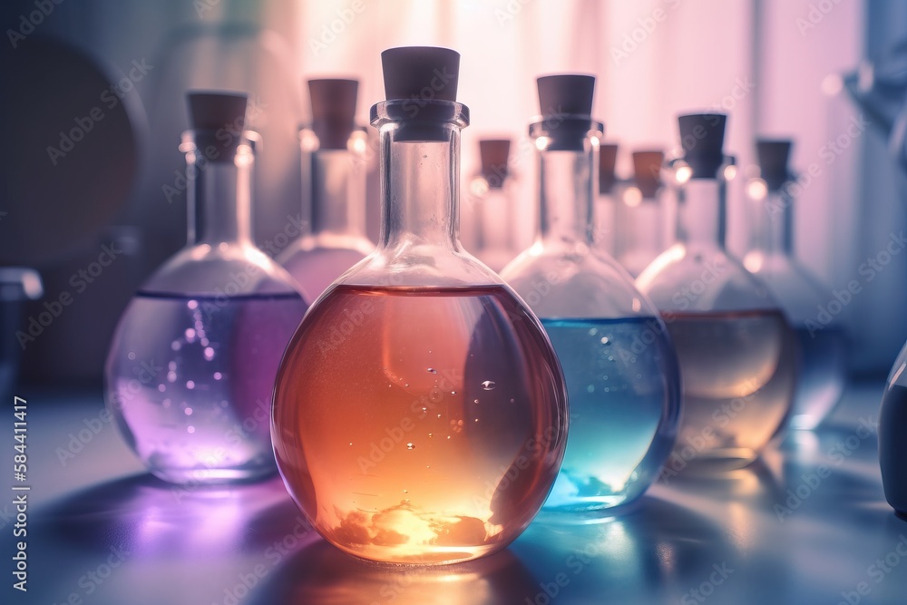 Poster a group of bottles filled with liquid sitting on top of a table. generative ai