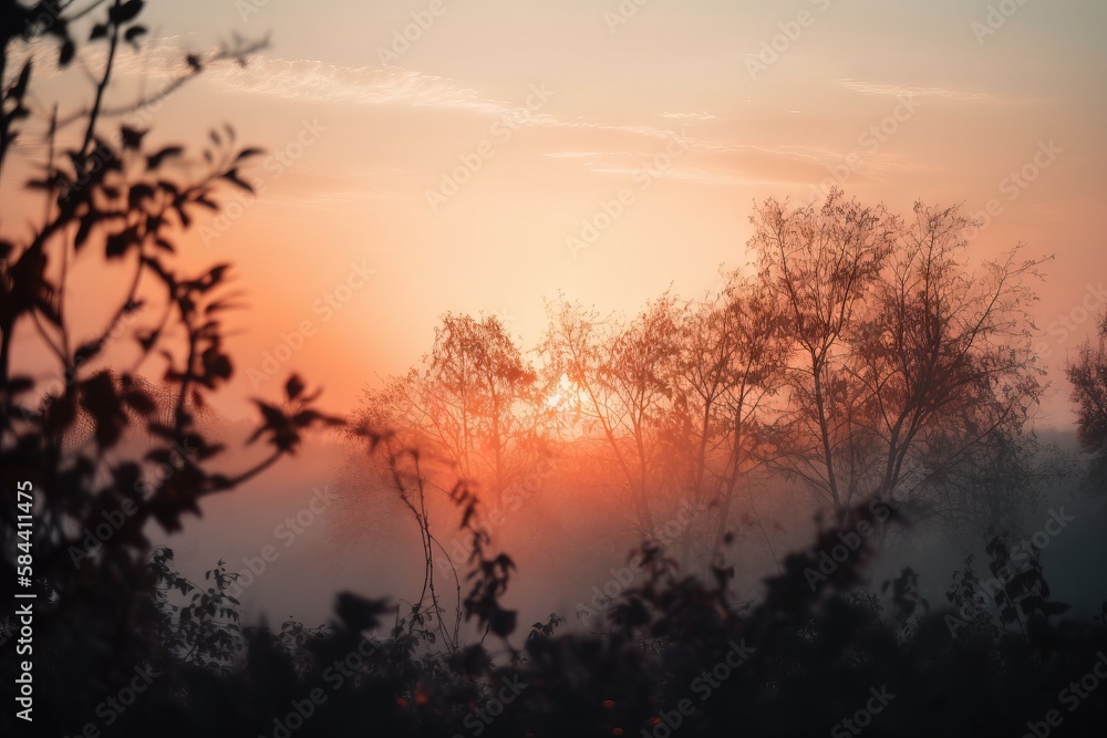 Poster the sun is setting over the trees in the foggy forest. generative ai