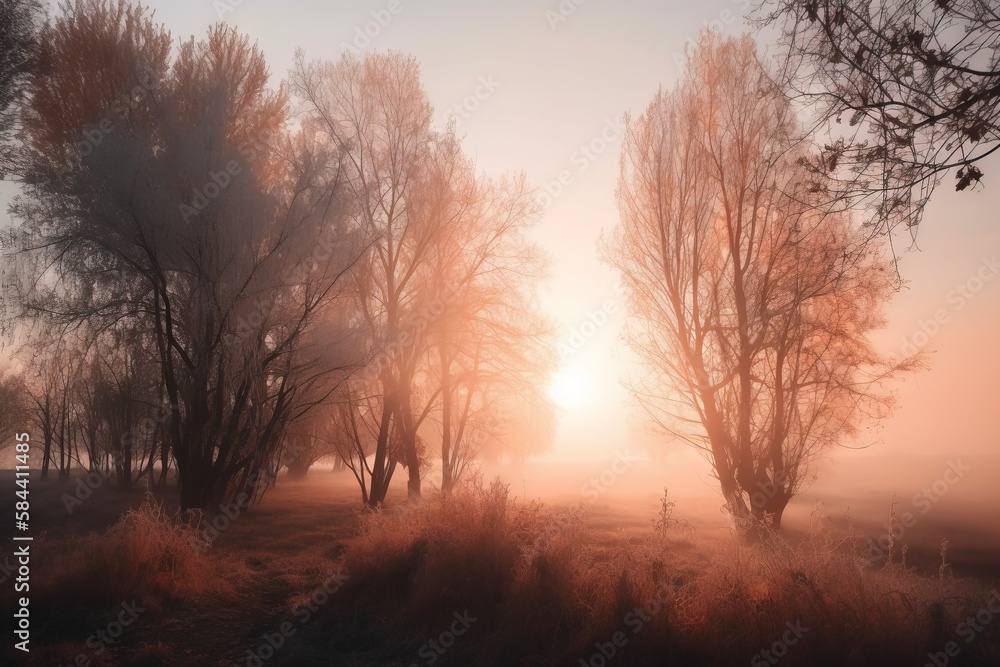 Aufkleber a foggy field with trees and grass in the foreground. generative ai
