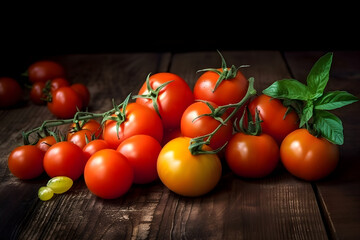 Fototapeta na wymiar Bunch of ripe tomatoes on a rustic table, closeup, copy space, generative AI.