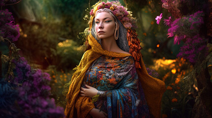 Shaman, goddess of Earth and Motherhood, deep connection to nature and earth, elder woman, beautiful. Generative AI.