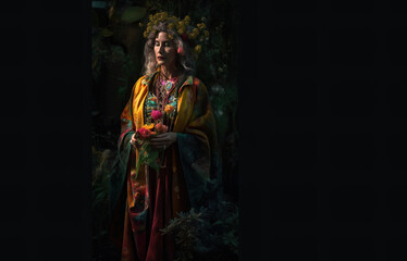 Shaman, goddess of Earth and Motherhood, copy space, deep connection to nature and earth, elder woman, beautiful. Generative AI.