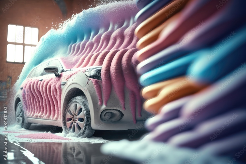 Wall mural Car wash with colored foam. AI generated