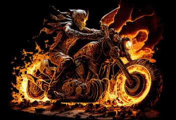 Watercolour abstract paintingof an off-road motorcyle and rider where the motorbike is driving through fire and flames at an extreme sport event, computer Generative AI stock illustration image - obrazy, fototapety, plakaty