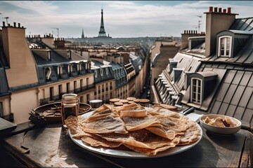 chocolate crepe in a terrace overlooking Paris, generative ai