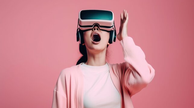 A young woman wearing a virtual reality headset, generative ai