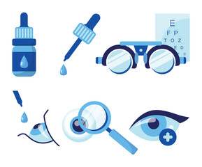 Ophthalmology set concept. Optometrist Checks Patient Eyesight. Optical Test for Eyes. Good Vision and Care. Ophthalmological Sight Examination and Treatment. Illustration isolated on white background