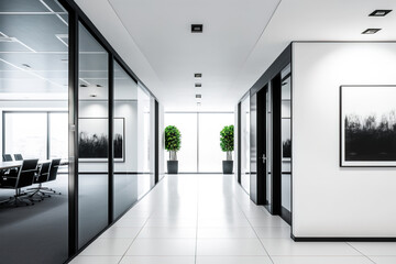 Office lobby withconference rooms who are located on side of a large white wall that is in the centre. Generative AI