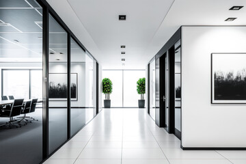 Obraz premium Office lobby withconference rooms who are located on side of a large white wall that is in the centre. Generative AI