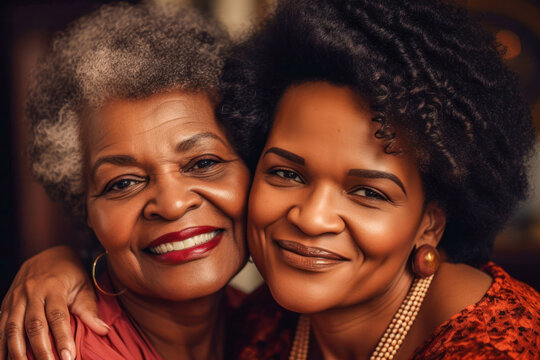 Cheerful Mature Woman Embracing Senior Mother At Home. Portrait Of Elderly Mother And Middle Aged Daughter Smiling Together. Generative AI