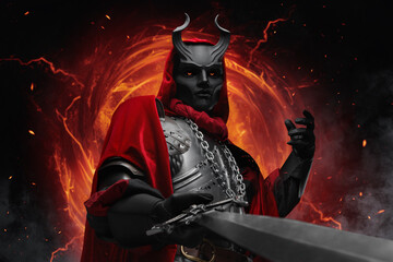 Naklejka premium Art of scary sorcerer of sinister cult with cuirass and cloak against portal.