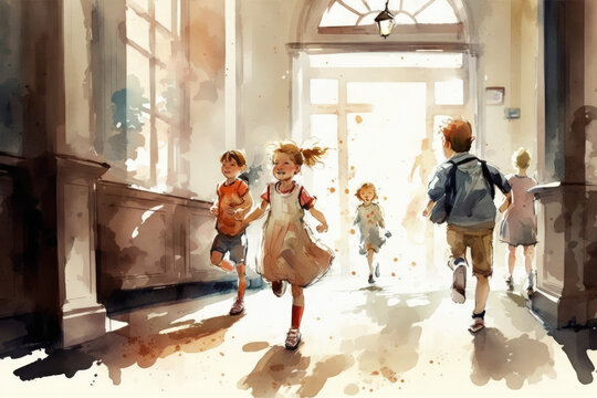 Kids at school, learning and having fun, children studying watercolor illustration, generative ai