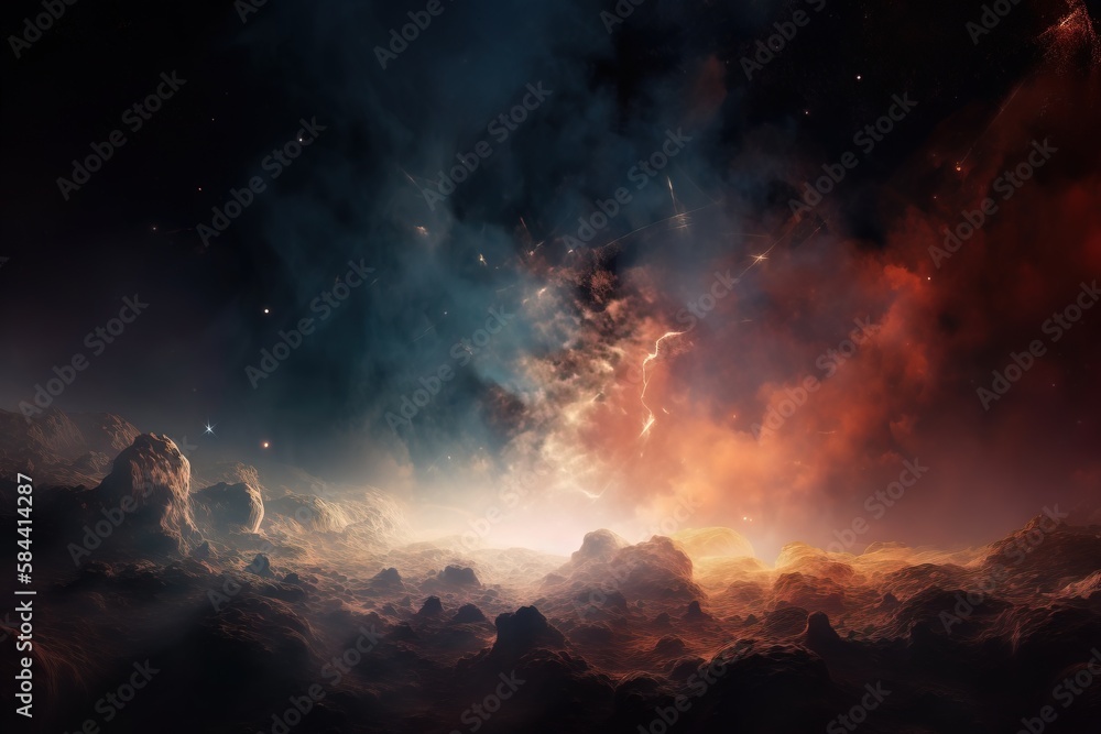 Poster an image of a space filled with clouds and stars in the sky. generative ai